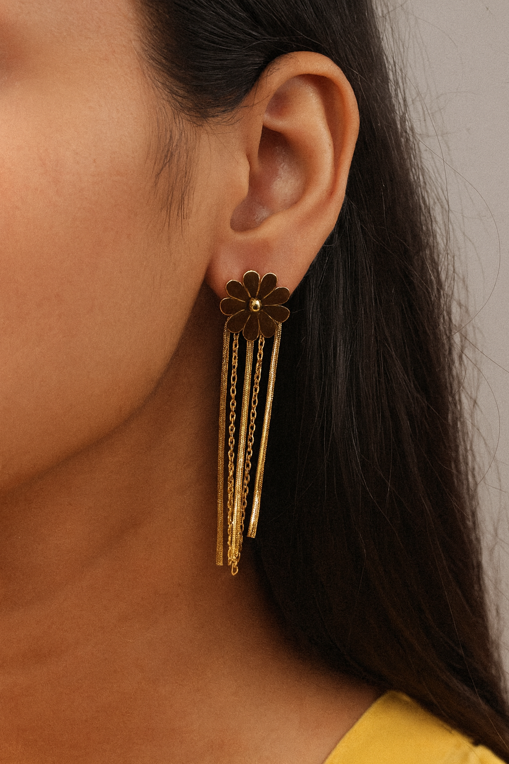 Golden Floral Tassel Earrings with Chain Strands