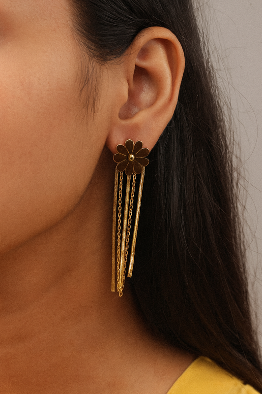 Golden Floral Tassel Earrings with Chain Strands