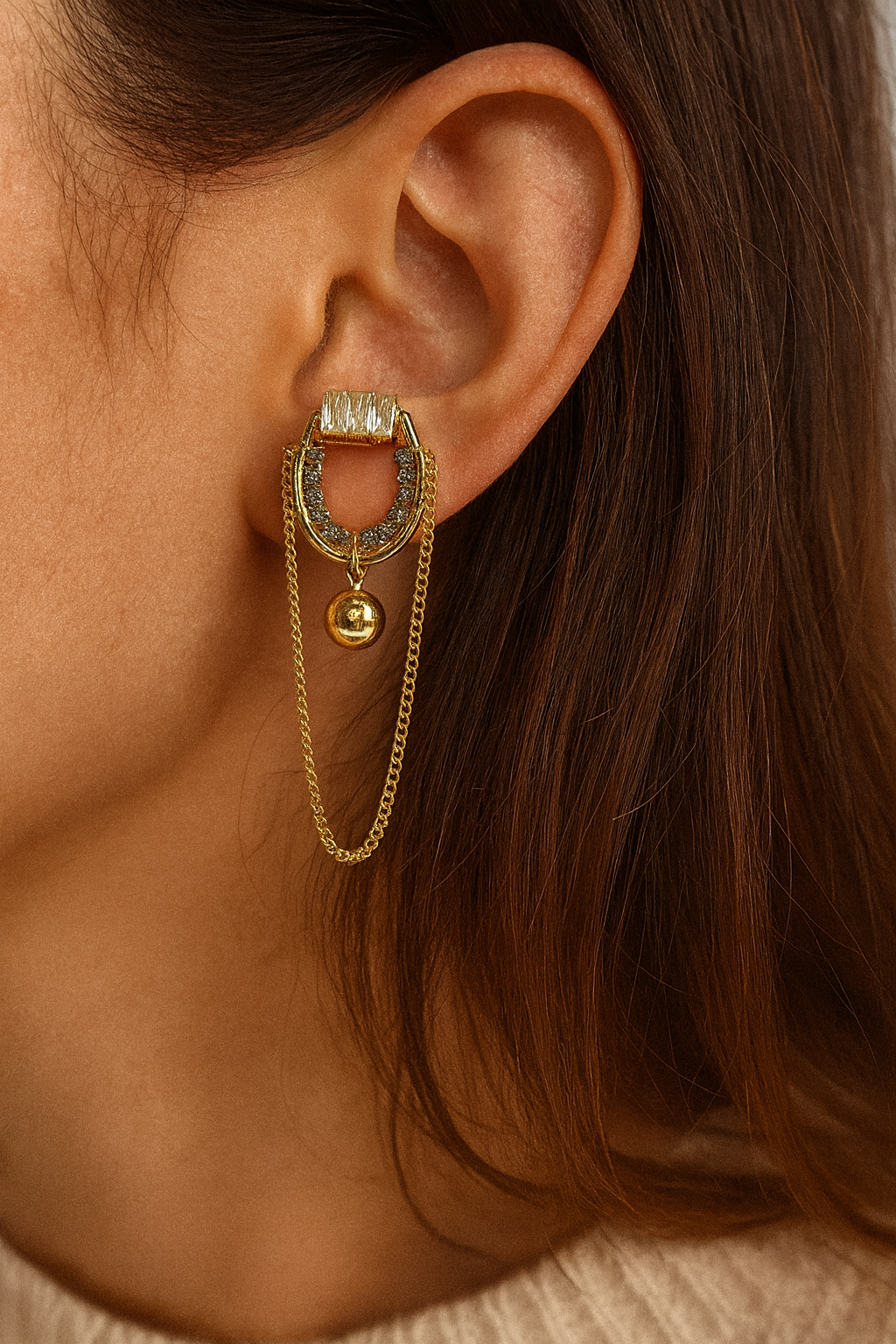 Luxury Gold-Tone Chain Drop Earrings with Crystal Accents